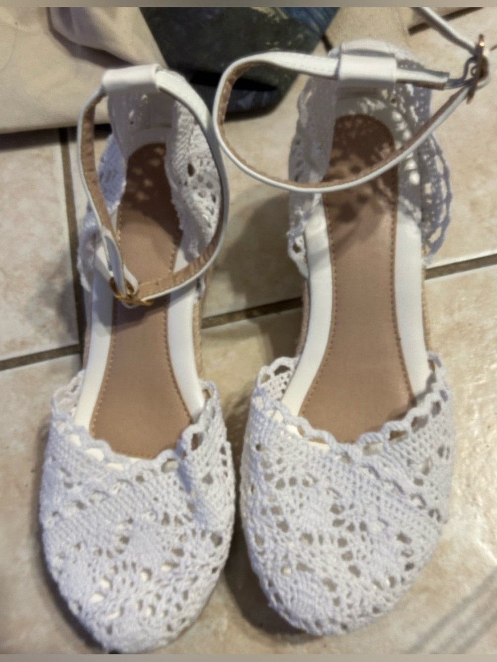 White Crochet  Espadrille Wedge Sandals With An Ankle Strap. 7